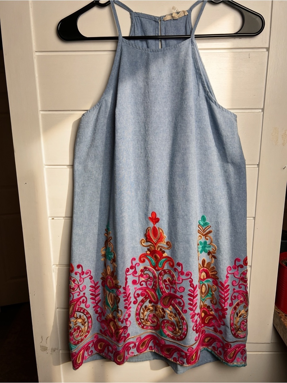 Entro "The Julia Dress" Embroidered Denim Chambray Halter Mini Dress